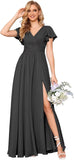 Flutter Sleeves Split Bridesmaid Dresses with Slit Long V Neck Empire Waist Formal Dress for Women Wedding