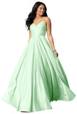 Spaghetti Straps Satin Prom Dresses for Women Long with Pockets Pleated Formal Evening Gowns Ball Gown