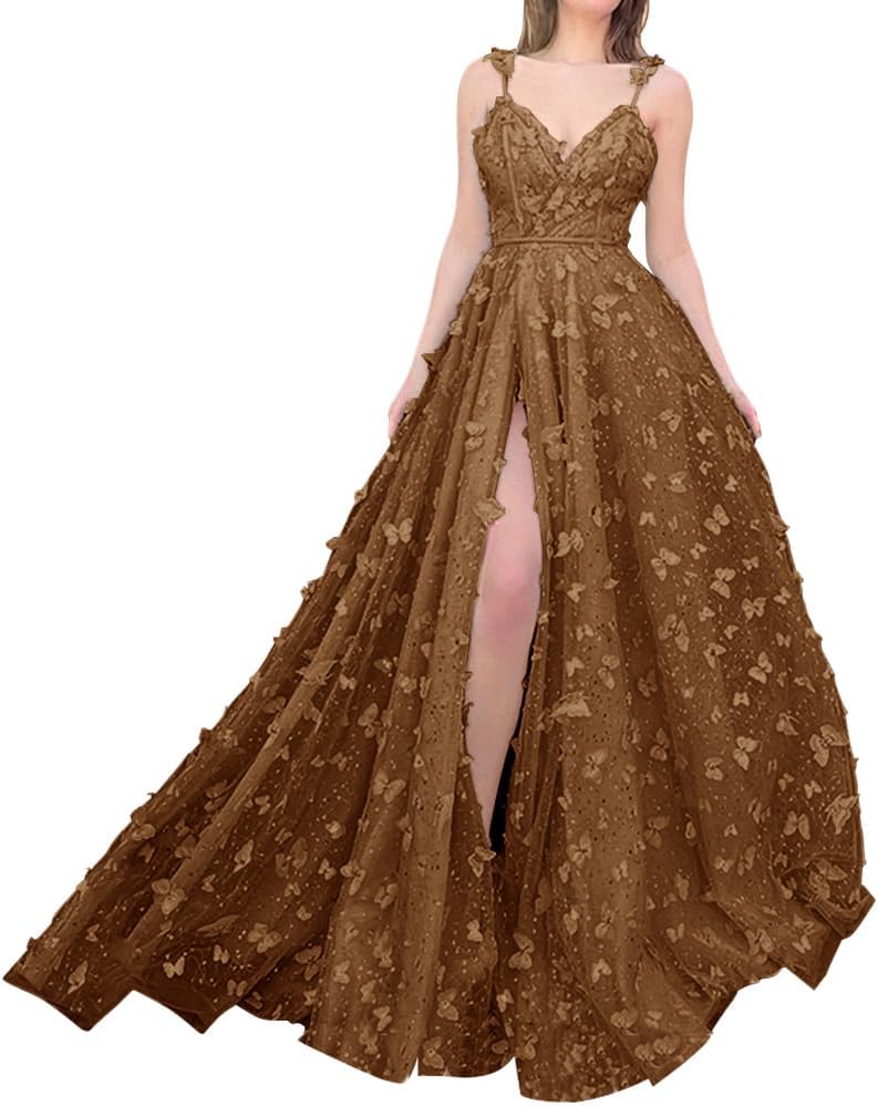 Sparkly Prom Dresses for Teens 2027 3D Butterfly Tulle Spaghetti Straps Long Slit Backless Party Gowns