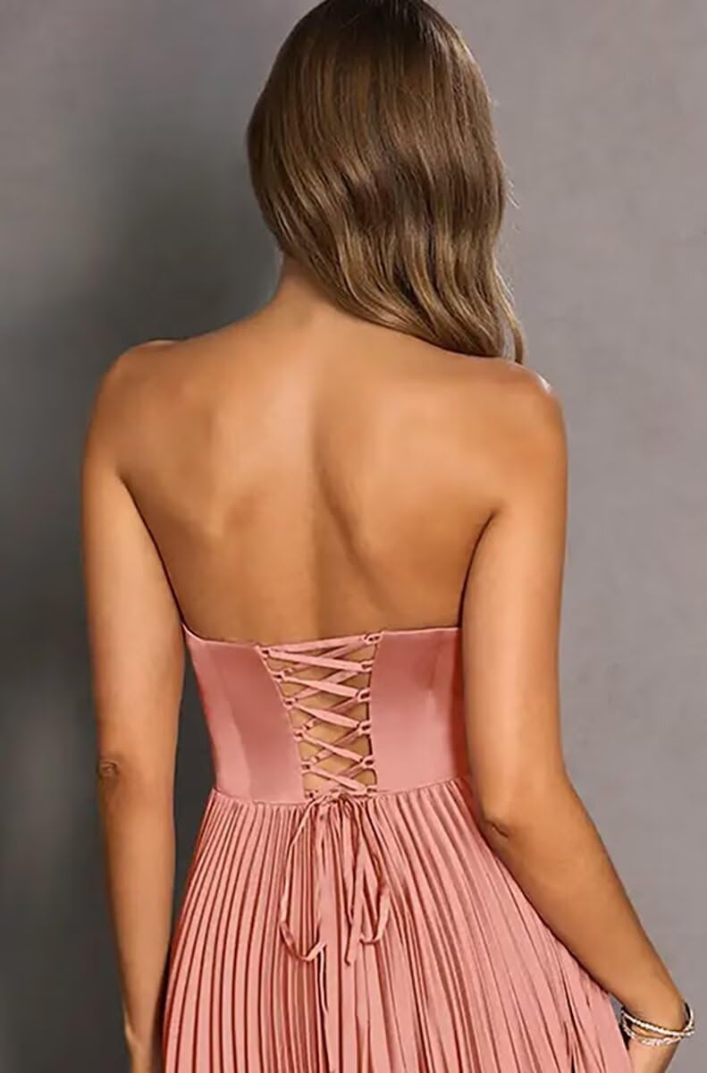 Women's Strapless Bridesmaid Dresses for Womens Tea Length Ruffle Satin Formal Prom Dress