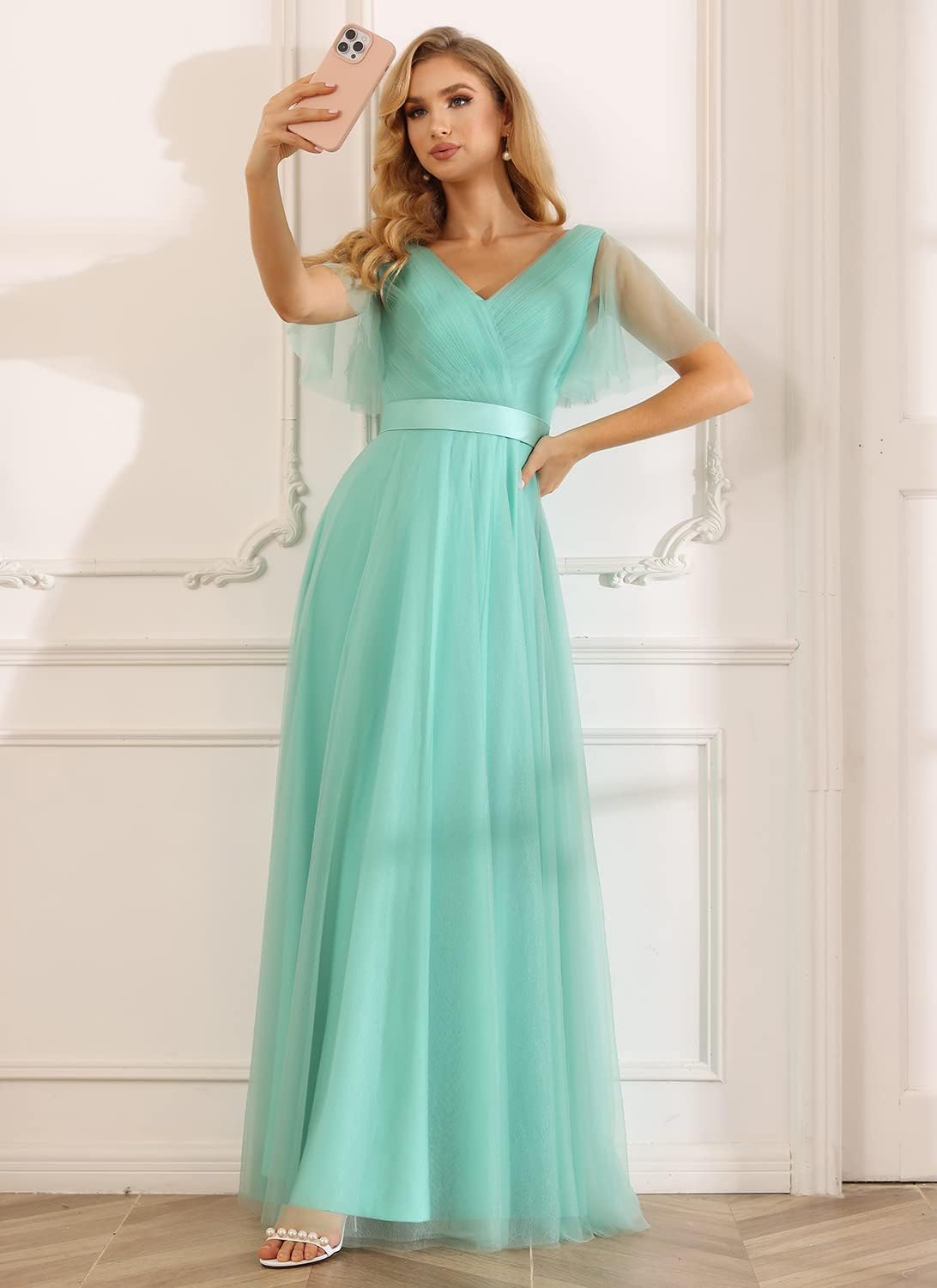 Damen Brautjungfernkleider mit Flatterärmeln, Tüll, lang, V-Ausschnitt, Empire-Taille, formelles Kleid 