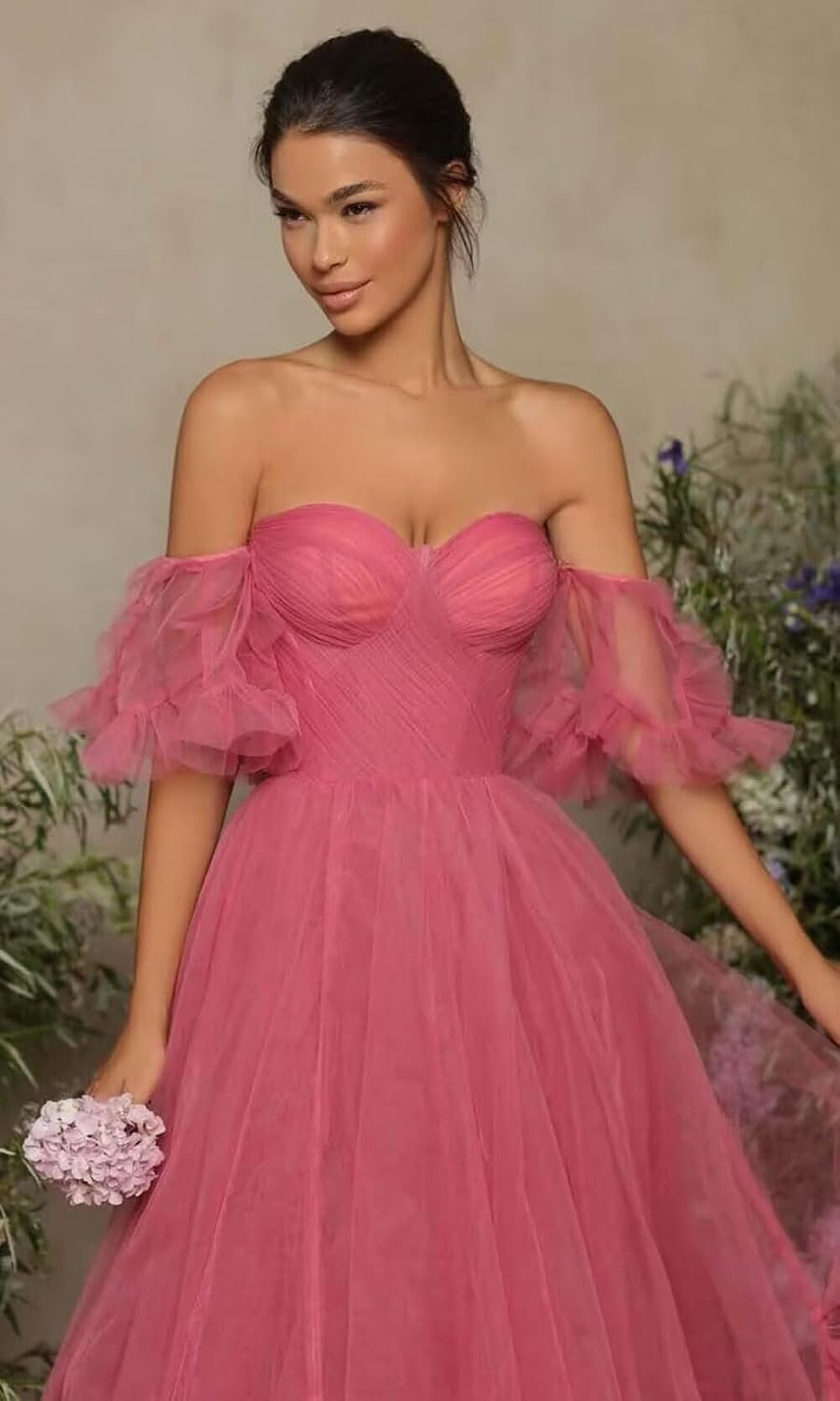 A-line Ruffled Short Sleeve Tulle Prom Dress for Women, Sweetheart Formal Gown Off The Shoulder Long Party Dress