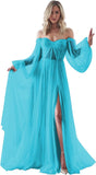 Women's Puffy Long Sleeve Prom Dresses with Slit Off Shoulder Tulle Wedding Formal Evening Gowns