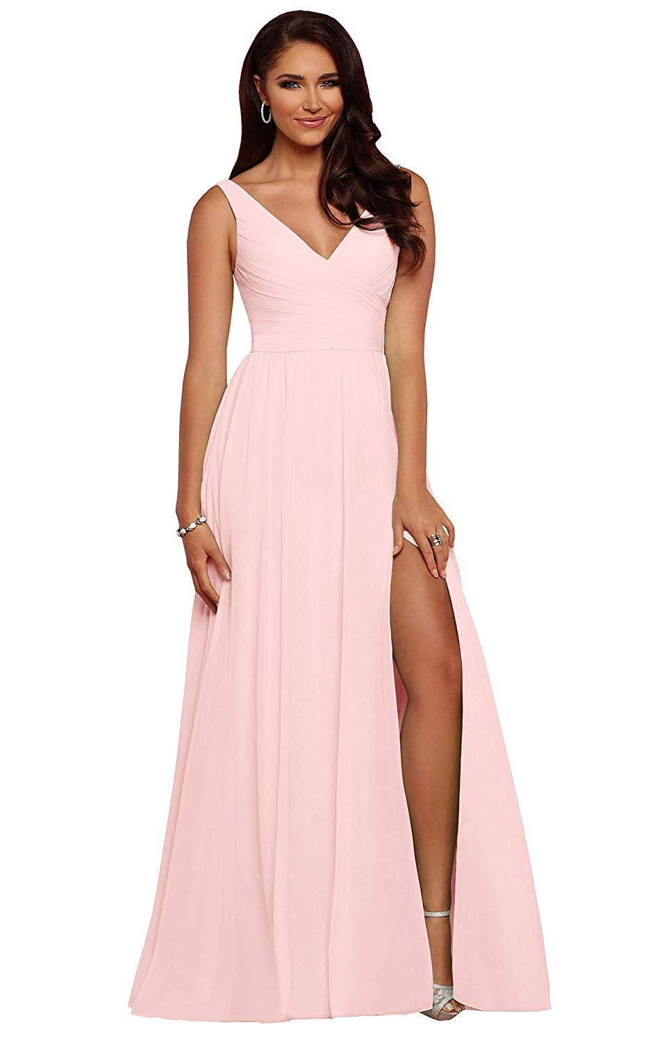 V Neck Chiffon Bridesmaid Dresses for Wedding 2027 Long Pleated Sleeveless Formal Prom Evening Gowns with Slit