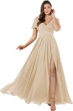 Damen Brautjungfernkleider mit Flatterärmeln, lang, mit Schlitz, V-Ausschnitt, Chiffon, formelle Kleider 