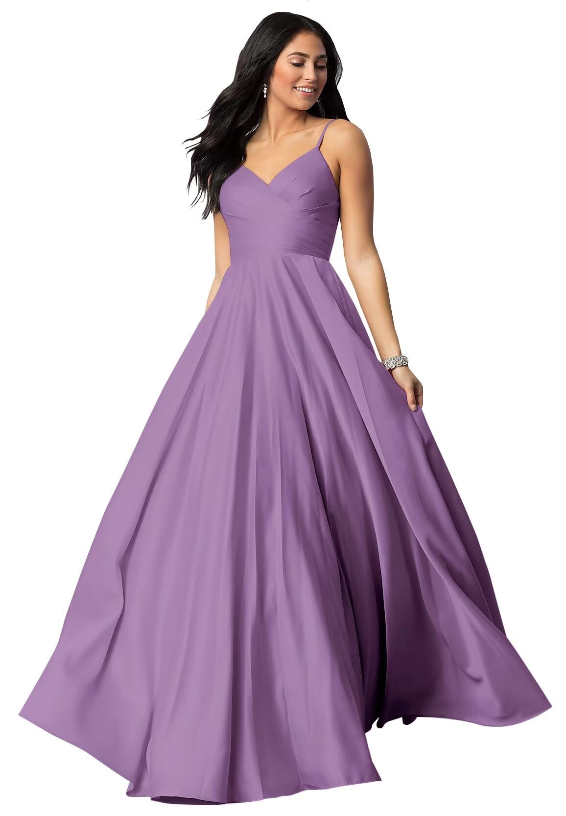 Spaghetti Straps Satin Prom Dresses for Women Long with Pockets Pleated Formal Evening Gowns