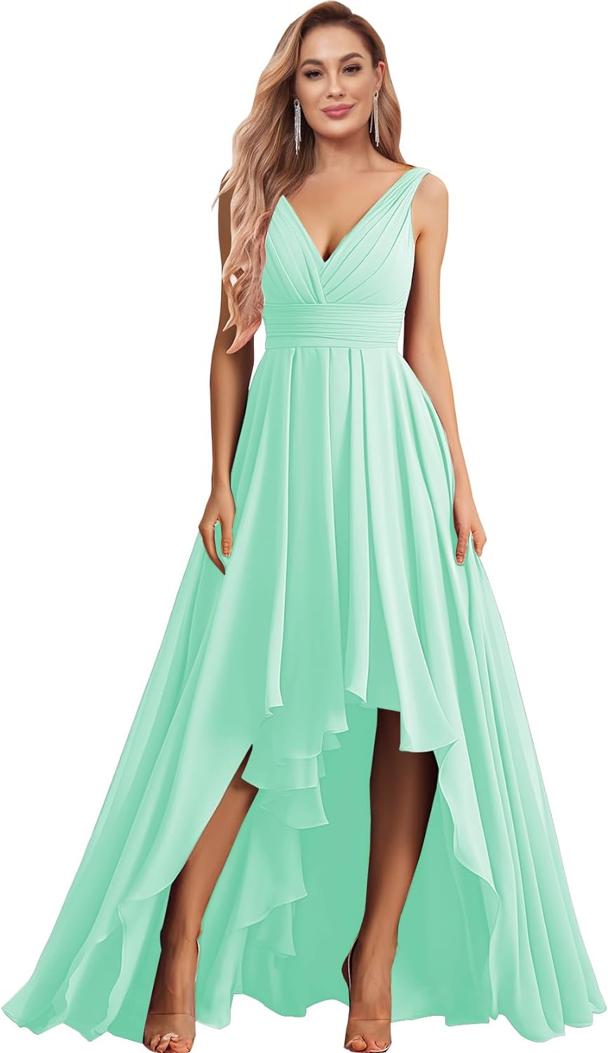 Vestidos de dama de honor con escote en V para mujer, para boda, con bolsillos, de gasa fruncida, largos, formales, para fiesta de graduación y noche.