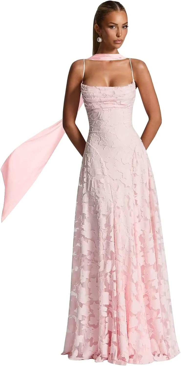 Floral Lace Bridesmaid Dresses for Women Long Spaghetti Straps Formal Evening Gowns with Scarf