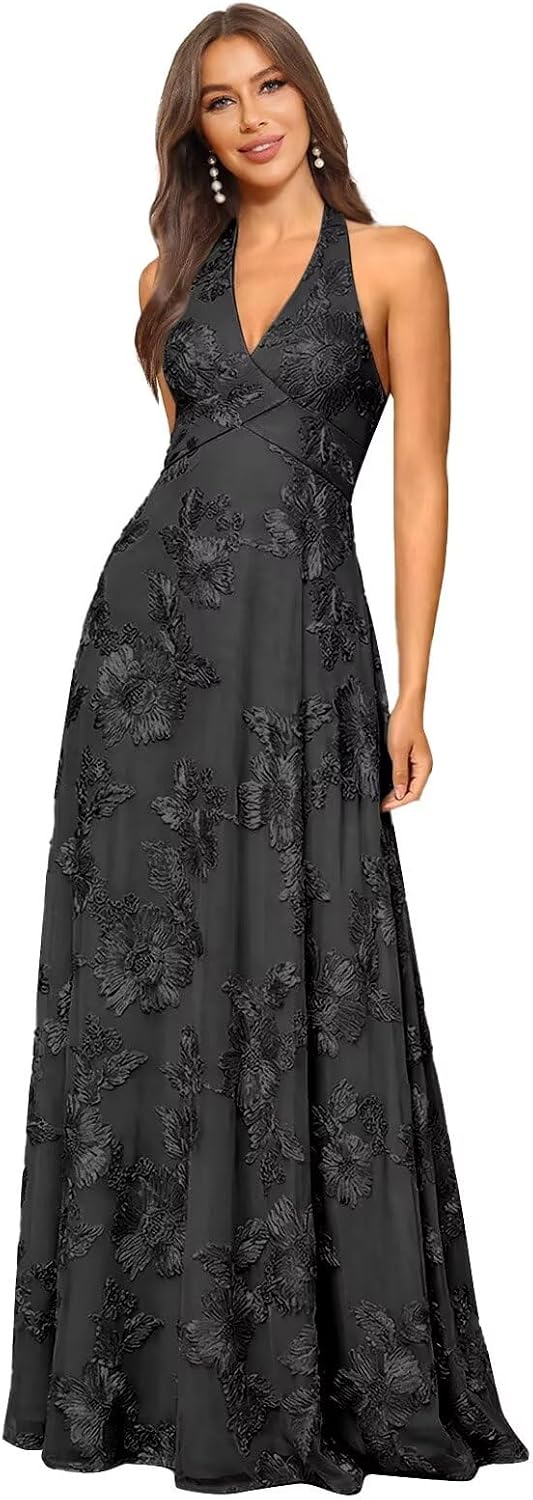 Jacquard Floral Lace Bridesmaid Dresses for Women Long A-Line Open Back Halter Formal Gown