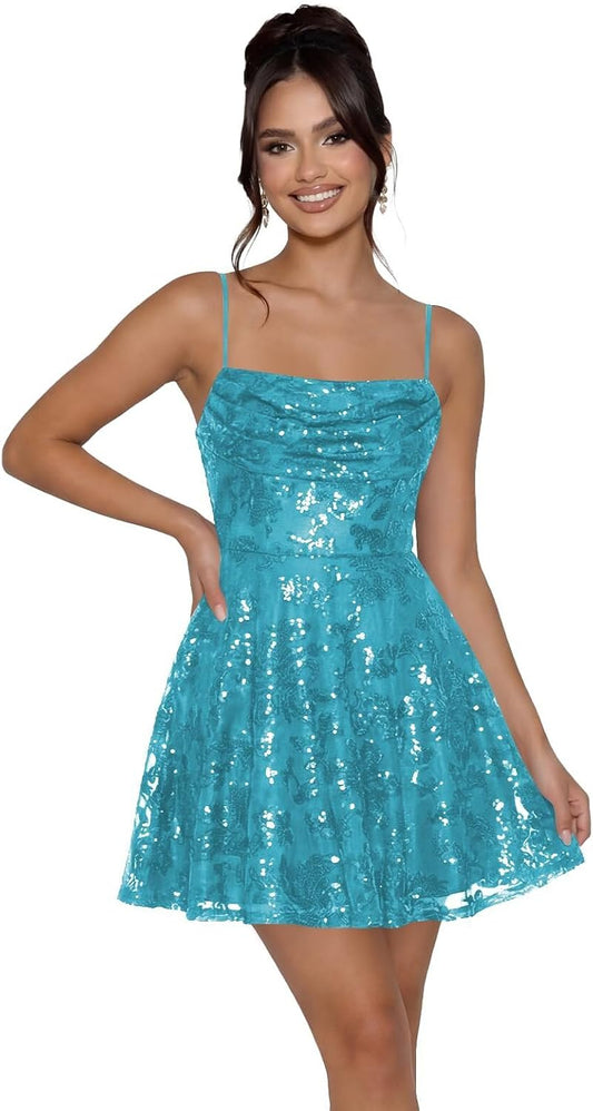 Lace Sequin Short Homecoming Dresses for Teens Cowl Neck Mini Prom Dress Spaghetti Straps A Line Formal Gowns