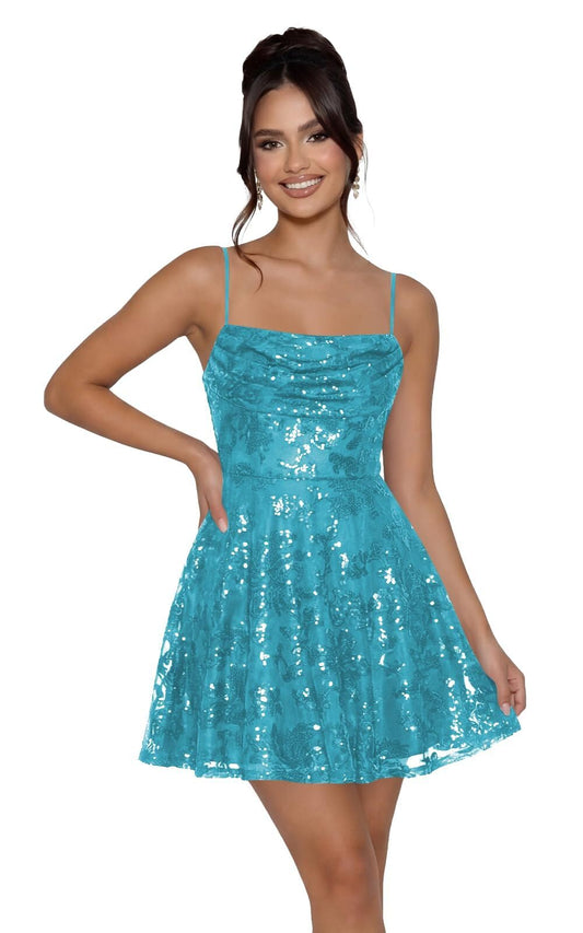 Lace Sequin Short Homecoming Dresses for Teens Cowl Neck Mini Prom Dress Spaghetti Straps A Line Formal Gowns