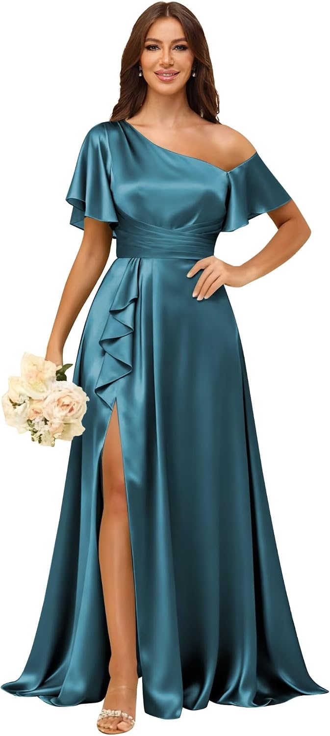 Short Sleeve Satin Bridesmaid Dresses for Women Ruffle One Shoulder Formal Evening Gowns with Slit