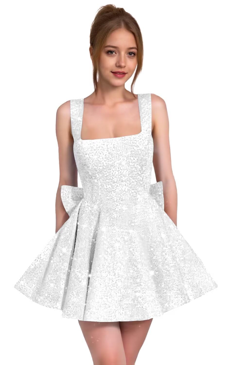 Sparkly Sequin Homecoming Dresses for Teens Short Prom Dress Square Neck Bow Formal Cocktail Gowns with Pockets