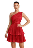 One Shoulder Satin Homecoming Dresses for Teens 2026 Short A-line Prom Dress Pleated Tiered Cocktail Party Gowns