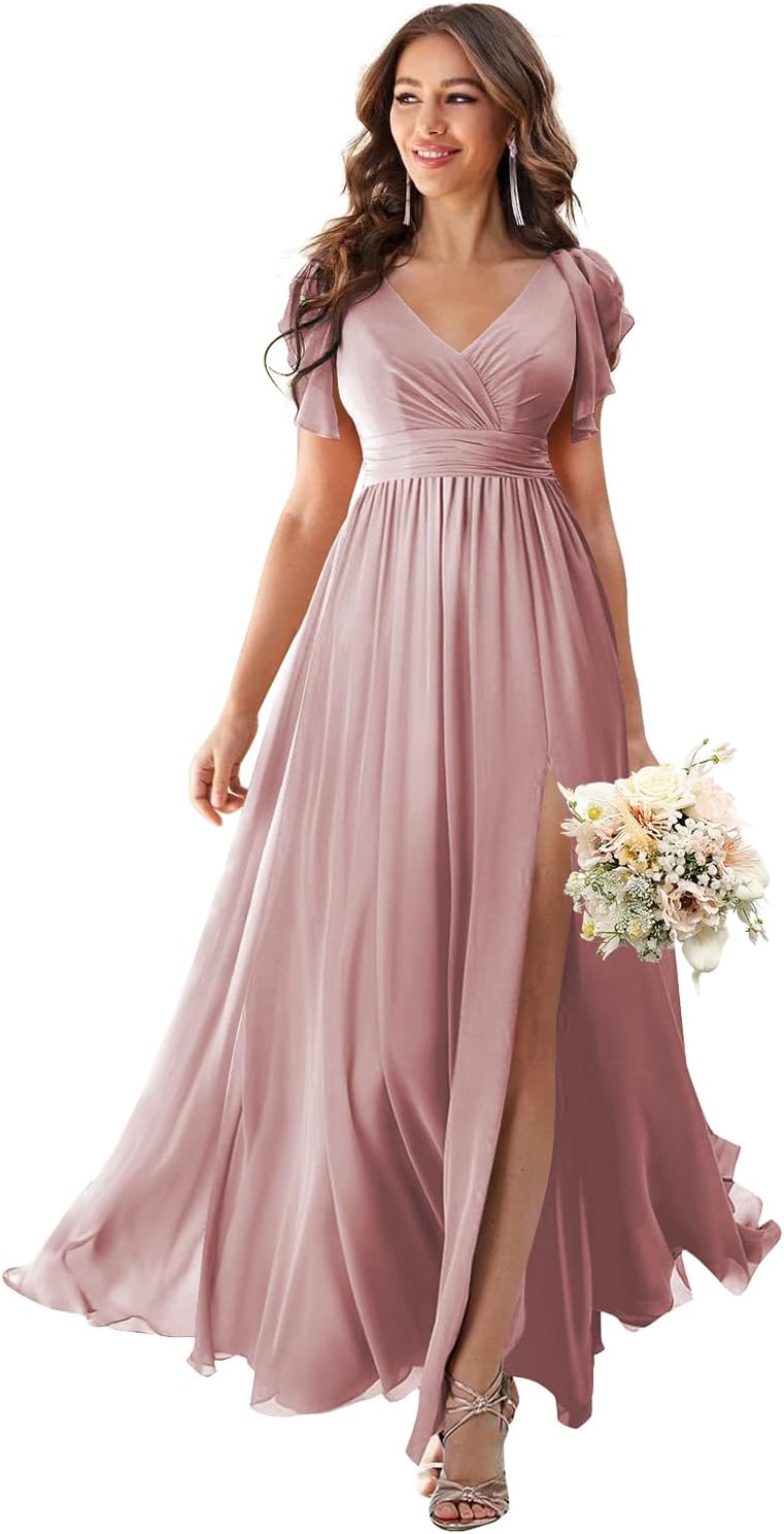 V Neck Flutter Sleeves Bridesmaid Dresses with Slit 2025 Chiffon Aline Pleats Formal Evening Gowns for Women