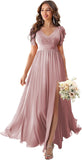 V Neck Flutter Sleeves Bridesmaid Dresses with Slit 2025 Chiffon Aline Pleats Formal Evening Gowns for Women