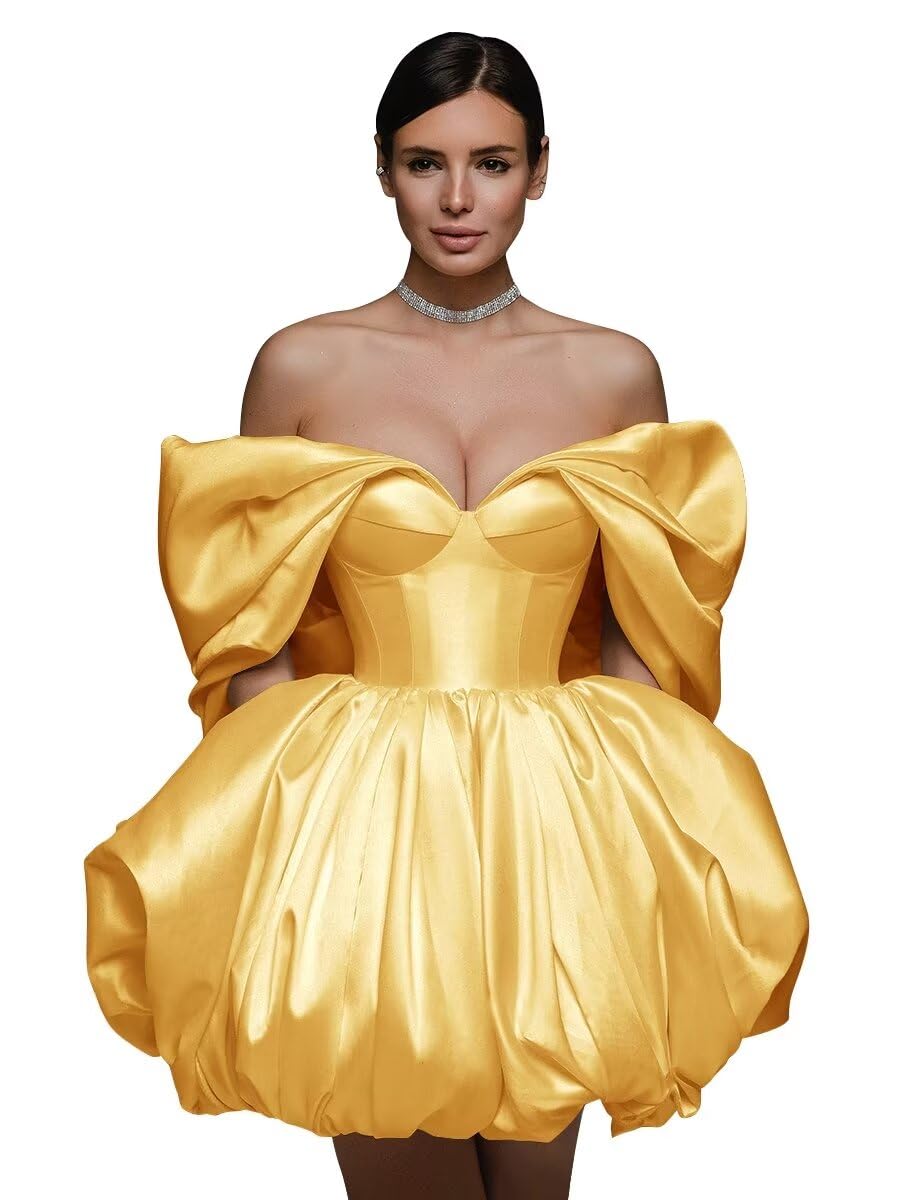 Off The Shoulder Short Wedding Dresses for Bride Puffy Satin Bridal Dresses w/Pockets Strapless Formal Ball Gowns