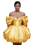 Off The Shoulder Short Wedding Dresses for Bride Puffy Satin Bridal Dresses w/Pockets Strapless Formal Ball Gowns