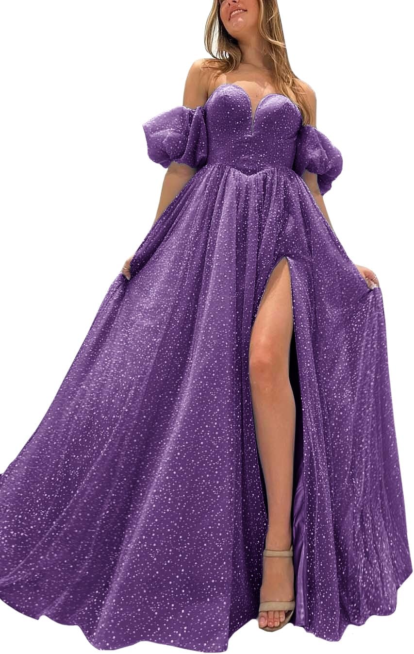 Tulle Prom Dresses for Women 2027 Sparkly Puffy Sleeves Long Ball Gowns with Slit A-Line Evening Dresses