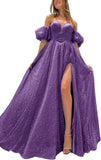 Tulle Prom Dresses for Women 2027 Sparkly Puffy Sleeves Long Ball Gowns with Slit A-Line Evening Dresses