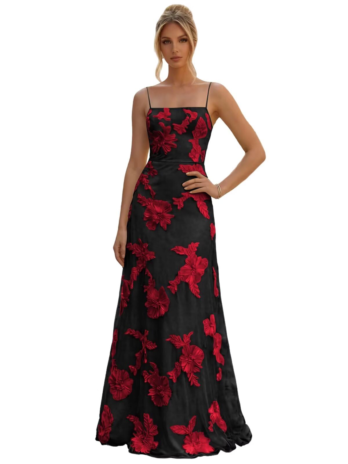 Floral Embroidery Prom Dresses for Women Spaghetti Straps A Line Formal Maxi Dress