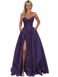 Strapless Jacquard Satin Prom Dresses for Women Corset A Line Long Formal Evening Party Gowns with Slit