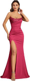 Mermaid Satin Prom Dresses for Women Strapless Sequin Formal Dress 2027 Pleated Evening Party Gowns with Slit