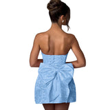 Jacquard Satin Homecoming Dress with Bow Elegant Strapless Mini Dress A Line Short Prom Dresses Party Gown
