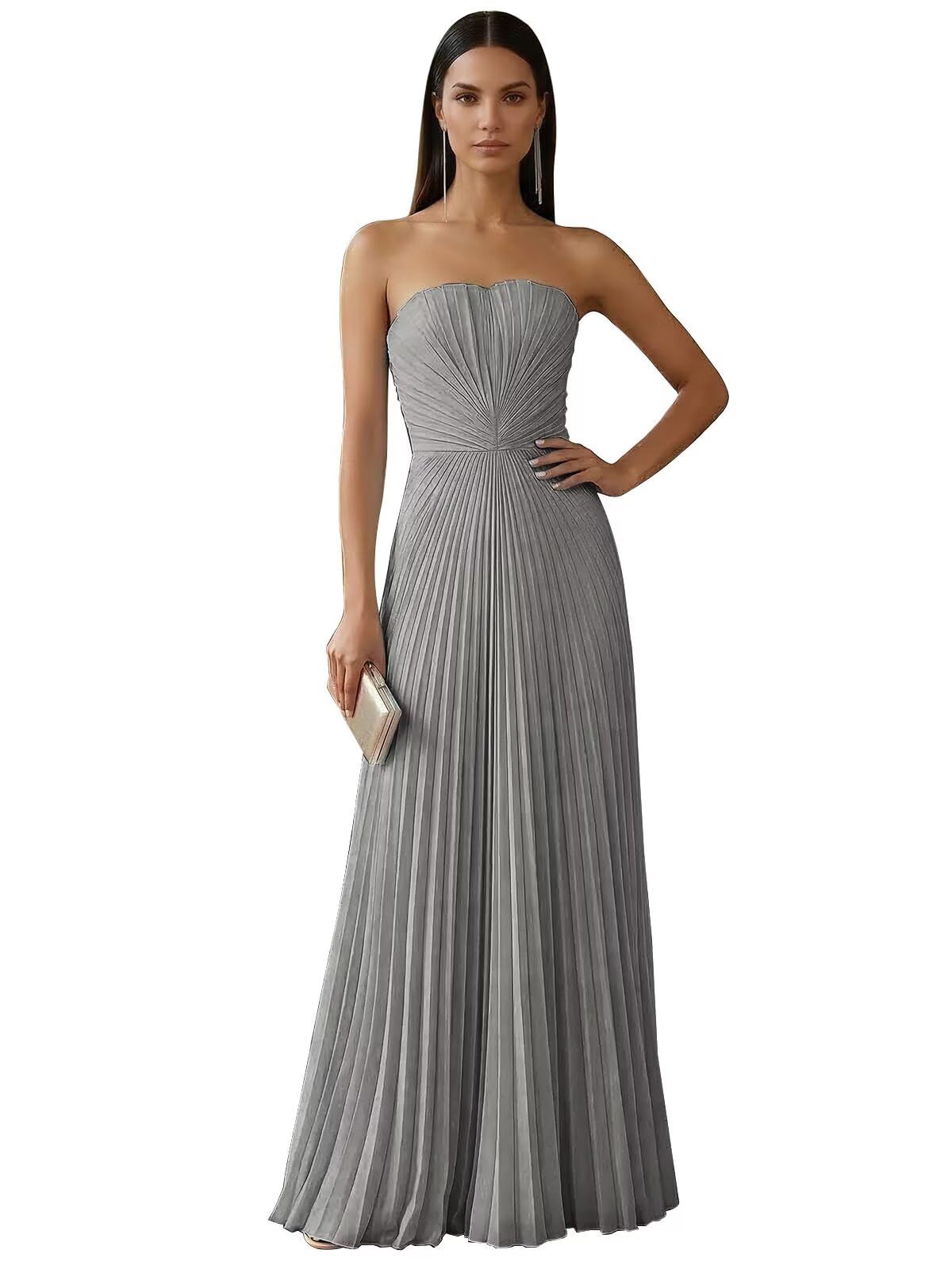 Ruched Strapless Prom Dresses for Women Long A Line Cocktail Dress Pleated Chiffon Formal Wedding Guest Dress