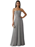 Strapless Prom Dresses for Women Long A Line Cocktail Dress Pleated Chiffon Formal Wedding Guest Dress