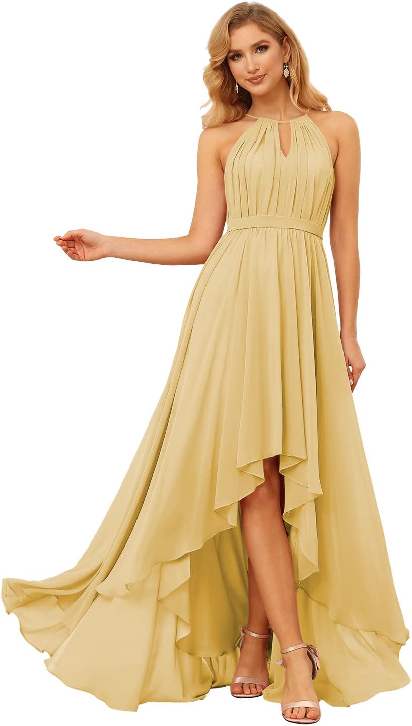 Damen Neckholder Brautjungfernkleider Lang mit Taschen High-Low Falten Formelles Kleid für Hochzeit 