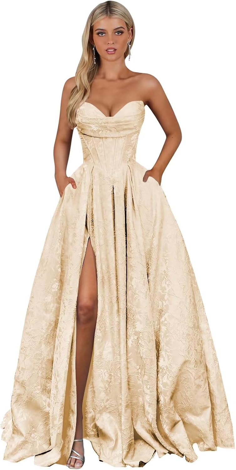Strapless Jacquard Satin Prom Dresses for Women Corset A Line Long Formal Evening Party Gowns with Slit