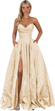 Strapless Jacquard Satin Prom Dresses for Women Corset A Line Long Formal Evening Party Gowns with Slit