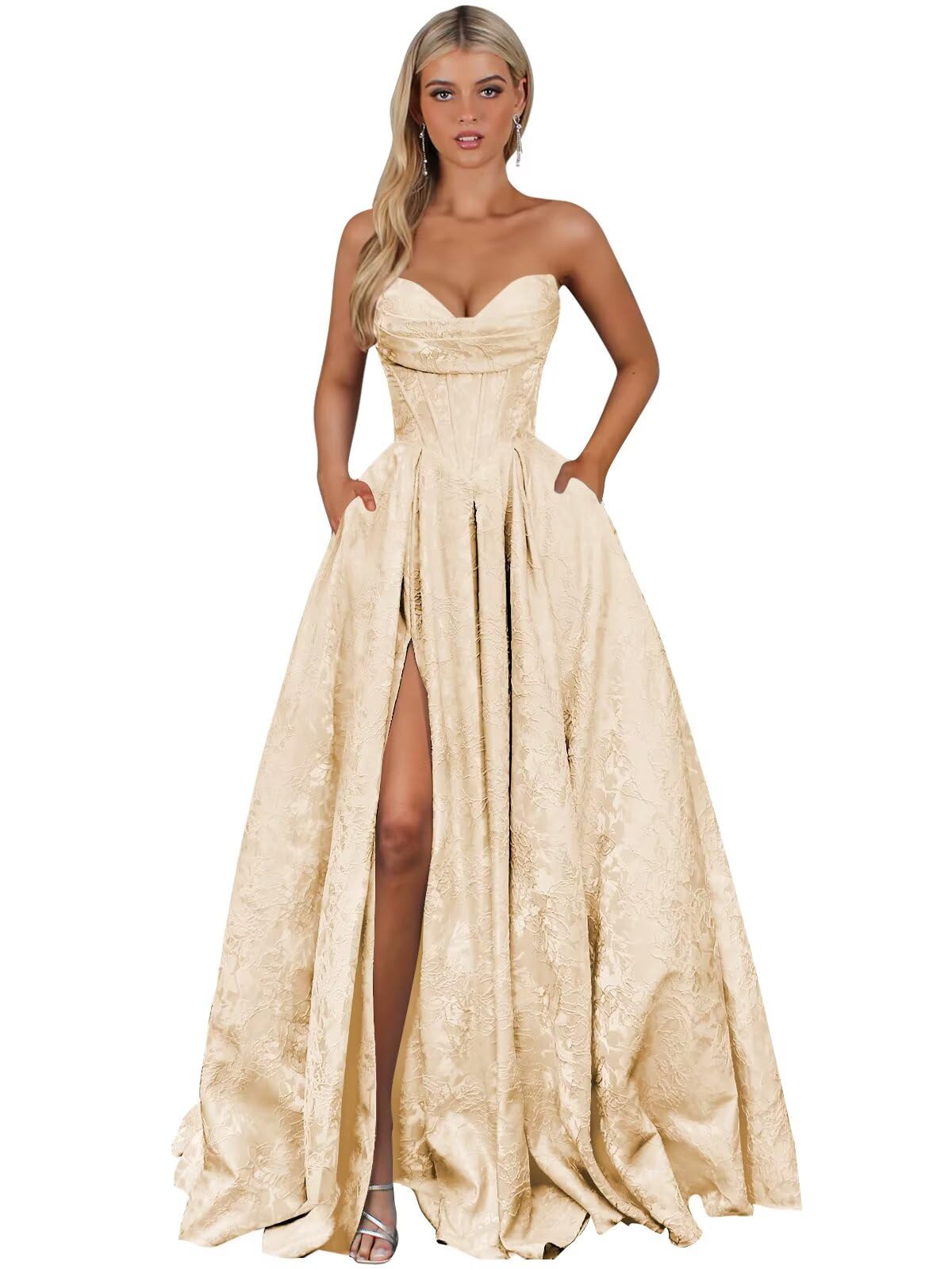 Strapless Jacquard Satin Prom Dresses for Women Corset A Line Long Formal Evening Party Gowns with Slit