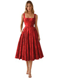 Floral Jacquard Satin Prom Dresses for Women Tea Length Formal Evening Party Dress with Pockets