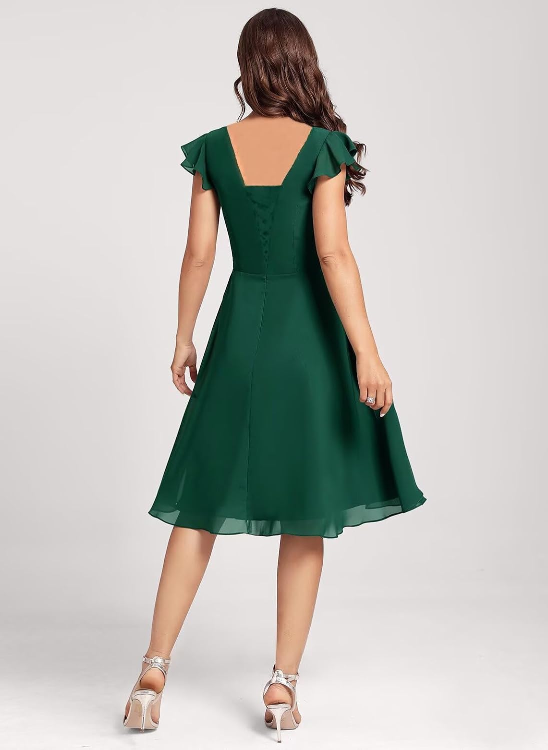 Short Chiffon Bridesmaid Dresses for Women V Neck Flutter Sleeves Ruffle Formal Cocktail Gowns with Pockets