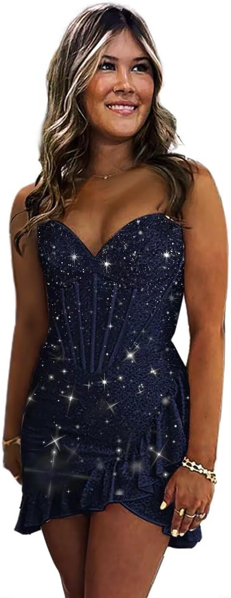 Sequin Homecoming Dresses 2027 Strapless Corset Ruffle Mermaid Short Prom Cocktail Dress
