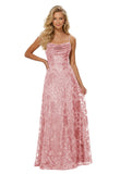 Lace Sequin Prom Dresses Spaghetti Straps A-Line Cowl Neck Pleated Sparkly Long Formal Evening Party Gowns