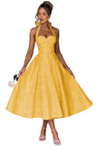 Jacquard Satin Prom Dresses for Women Vintage A-Line Midi Halter Sweetheart Formal Evening Party Gowns with Pockets
