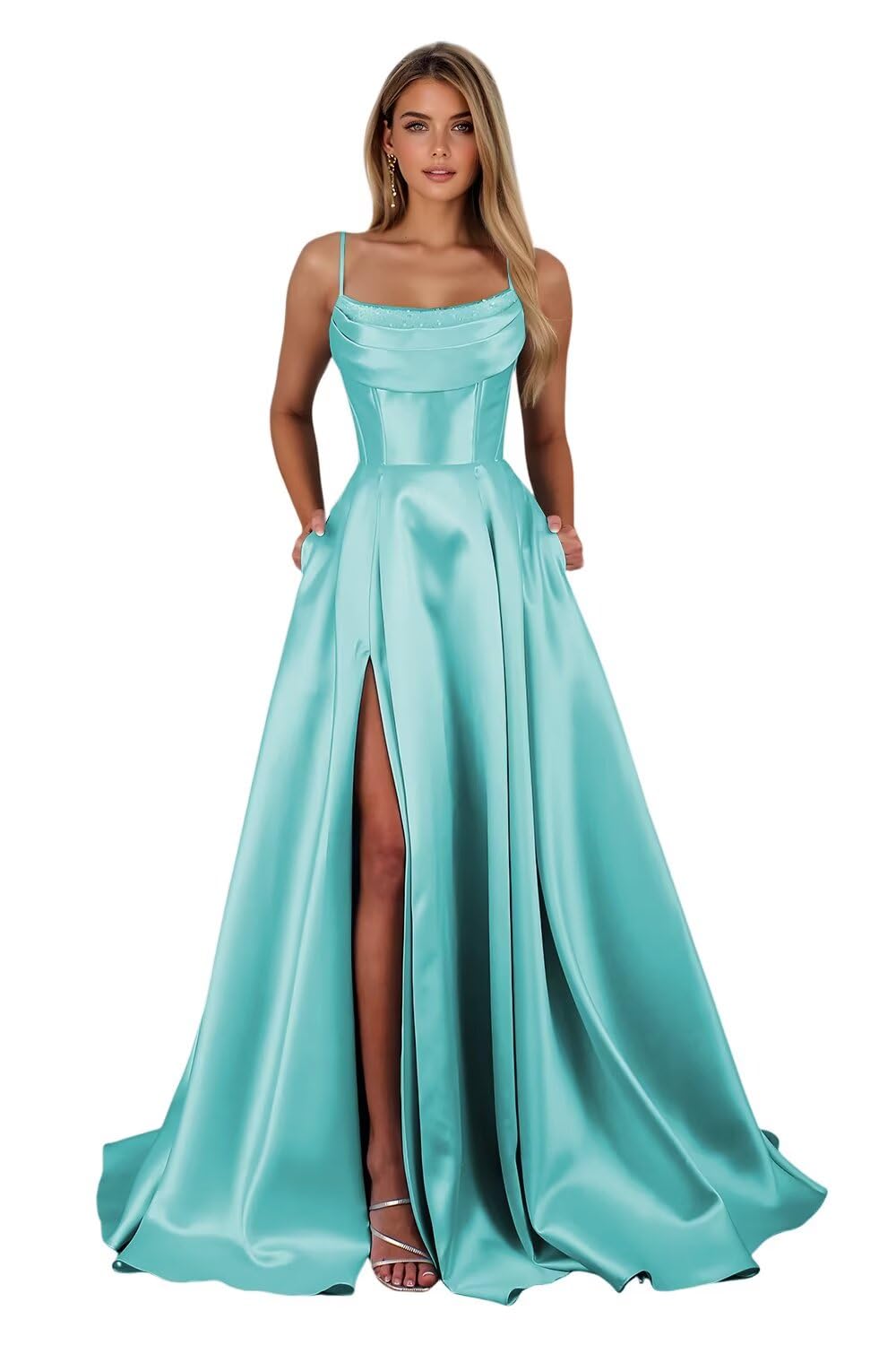 Satin Prom Dresses for Teens Long A-Line Cowl Neck Formal Evening Gown with Slit 2026 Maxi Ball Gowns
