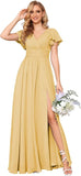 Flutter Sleeves Split Bridesmaid Dresses with Slit Long V Neck Empire Waist Formal Dress for Women Wedding