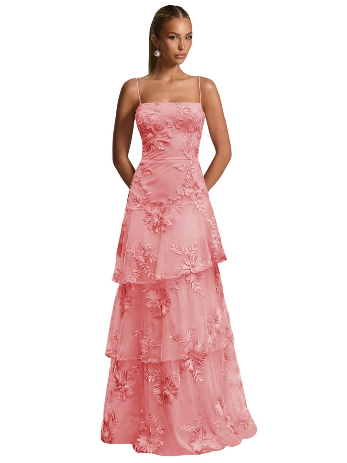 Ruffle Floral Embroidery Prom Dress Long A Line Tiered Bridesmaid Dresses Formal Evening Gowns