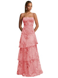 Ruffle Floral Embroidery Prom Dress Long A Line Tiered Bridesmaid Dresses Formal Evening Gowns