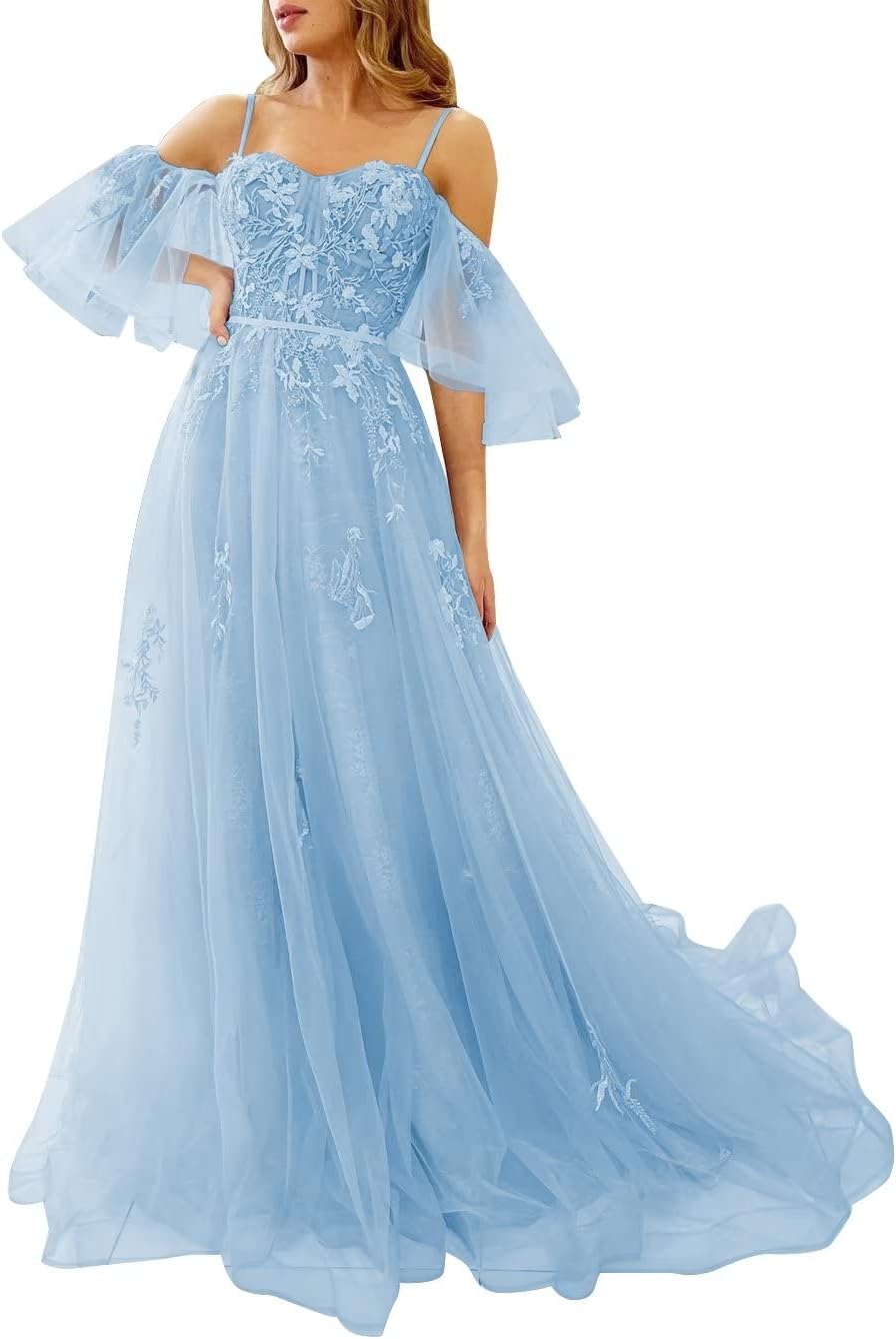 Vestidos de fiesta de tul con hombros descubiertos para adolescentes, vestidos formales con apliques de encaje, vestido de fiesta de noche formal de línea A