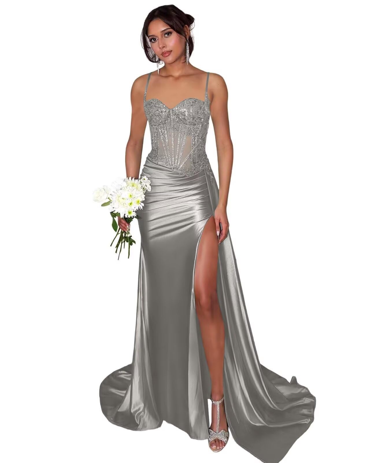 Lace Satin Prom Dresses for Women 2026 Long Mermaid Spaghetti Straps Corset Formal Evening Party Dress with Slit