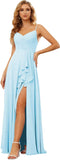 Vestidos de dama de honor largos de gasa con tirantes finos y bolsillos, vestidos formales con volantes y abertura para mujer 