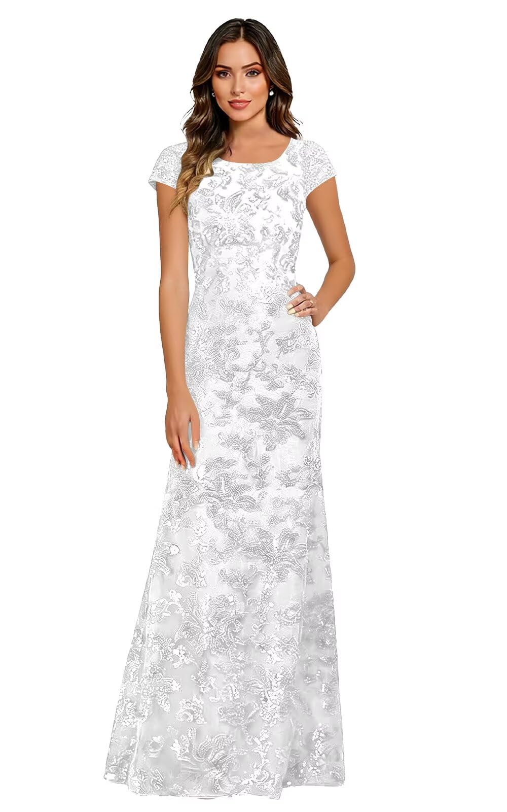 Lace Appliques Scoop Neck Sequin Mother of the Bride Dresses Mermaid Short Sleeve Formal Evening Gowns
