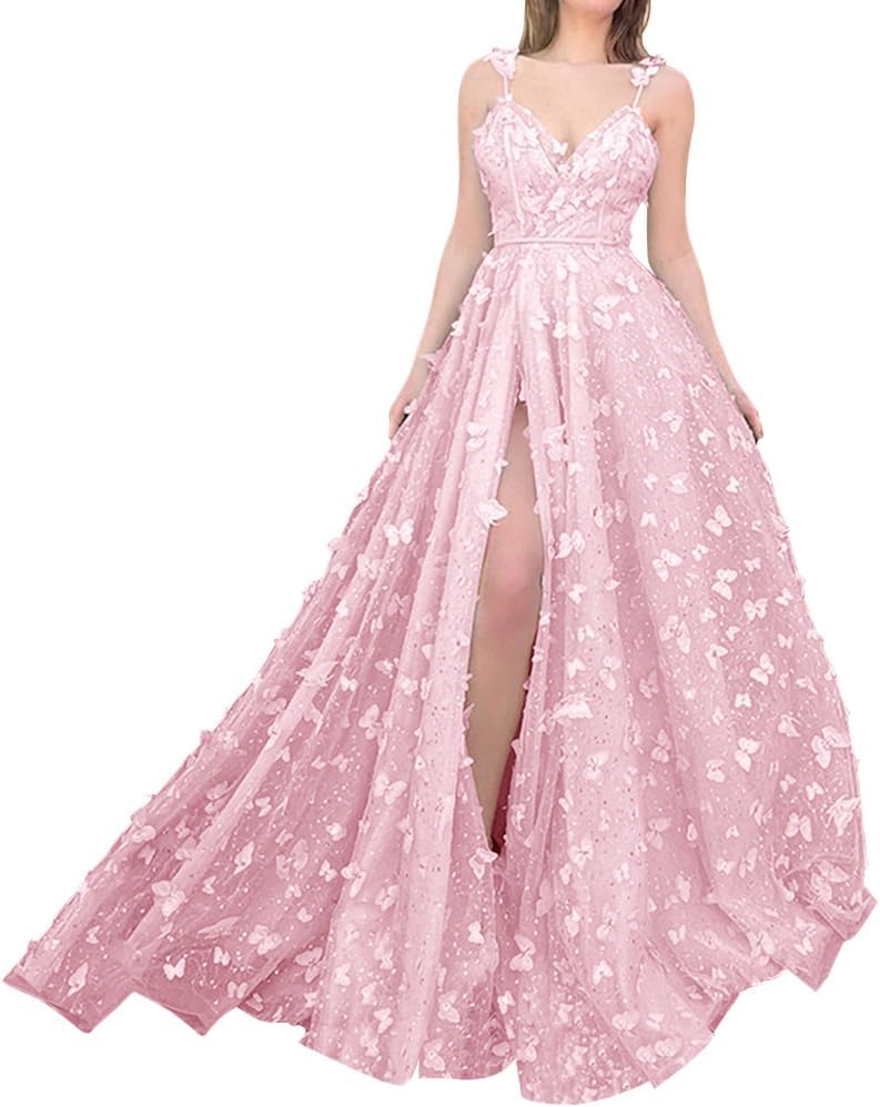 Sparkly Prom Dresses for Teens 2027 3D Butterfly Tulle Spaghetti Straps Long Slit Backless Party Gowns
