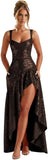 Sequin Prom Dresses with Slit 2026 Spaghetti Straps V Neck Corset A Line Formal Dress