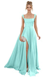 Spaghetti Straps Satin Bridesmaid Dresses for Women Long A-Line Square Neck Formal Evening Party Gown with Slit